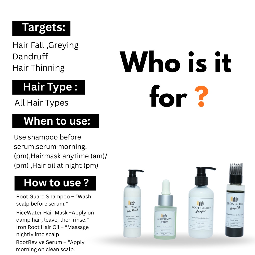 Combo: Root Guard Shampoo + Iron Root Hair oil + Rootrevive Serum+ Rice - Water Hair mask - Image 5